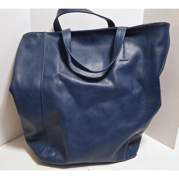 SAKS FIFTH AVENUE NAVY BLUE QUEEN BEE FAUX LEATHER PLEATHER TOTE HANDBAG - Picture 6 of 11